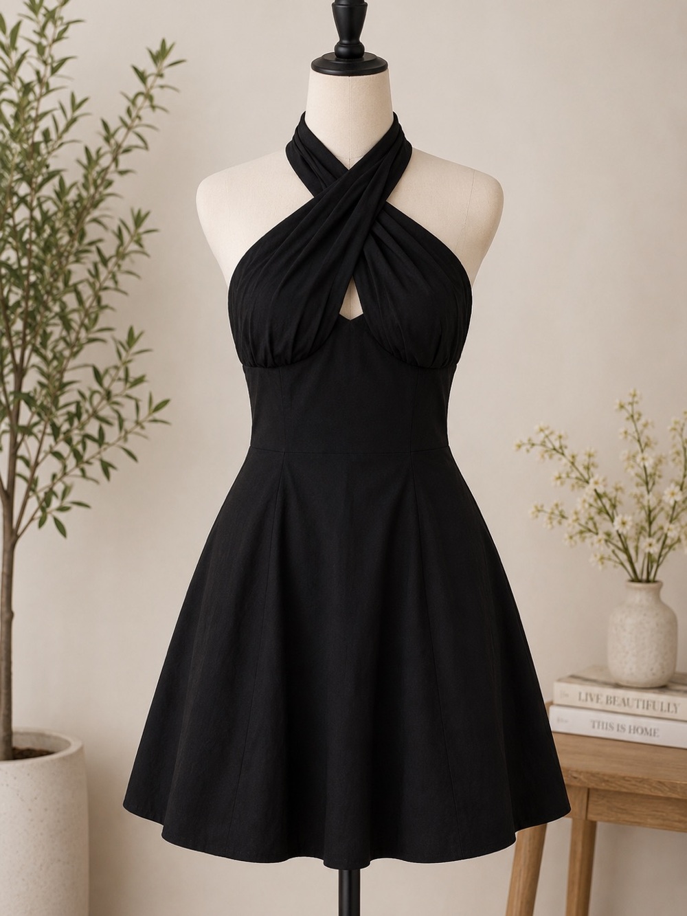 Anthropologie Maeve Black twist Halter Mini Dress Size Small Cutout Fit & Flare